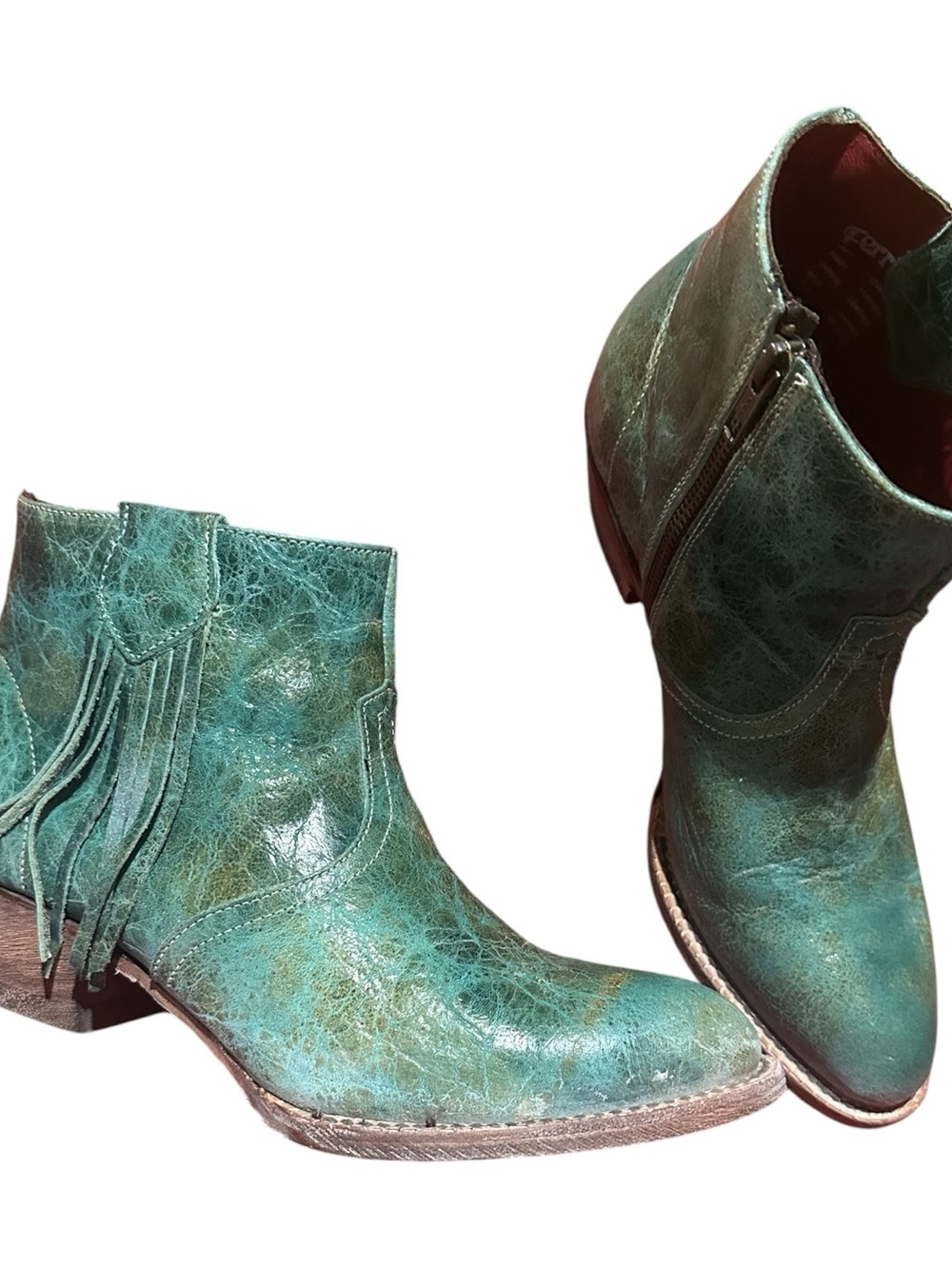 Ferrini Teal Leather Fringe Ankle Boots